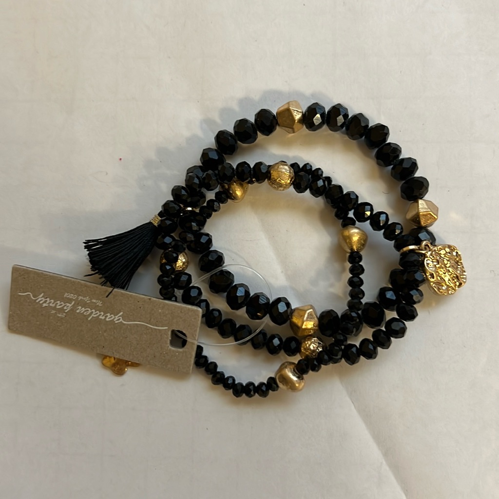 3 Strand Black, Gold Tone; Tassel; Textured Dangle; Hammered Dangle - (Jlb20g)